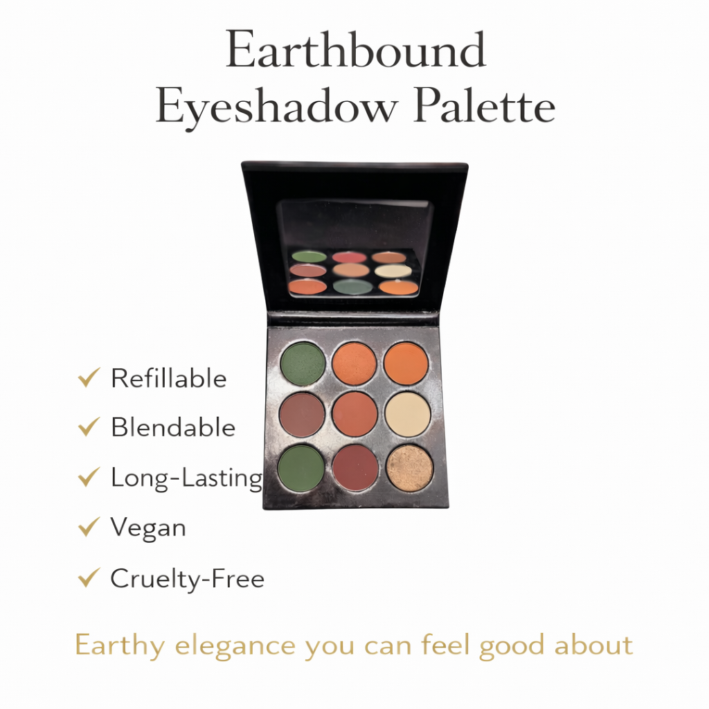 Tina Mattern Earthbound Eyeshadow Palette – Refillable & High-Pigment 5 Earthbound Eyeshadow Palette open refillable compact with nine earthy-toned shades and benefit list showing refillable, blendable, long-lasting, vegan, and cruelty-free on white background