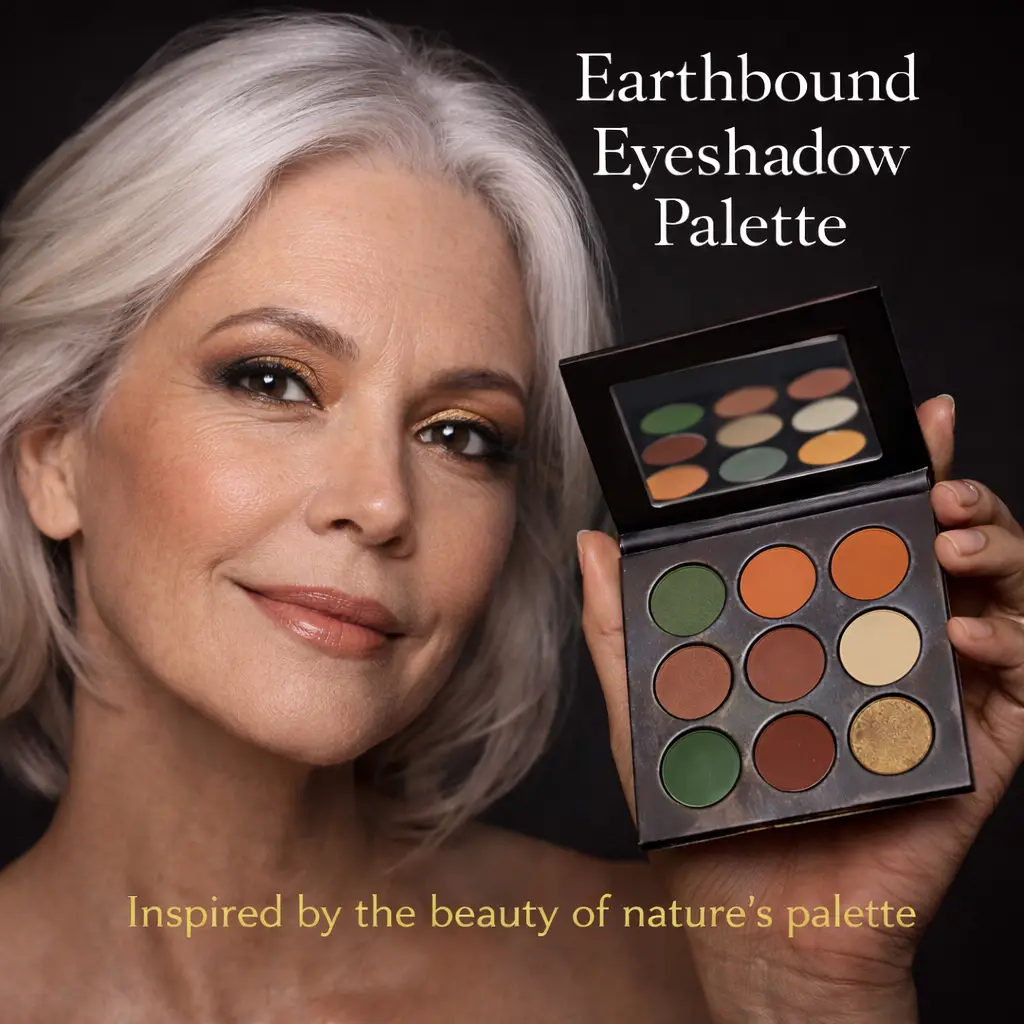 Tina Mattern Earthbound Eyeshadow Palette – Refillable & High-Pigment 4 Mature white female model wearing Earthbound Eyeshadow Palette with olive green, burnt orange, and brown eyeshadow look, holding open palette against dark background