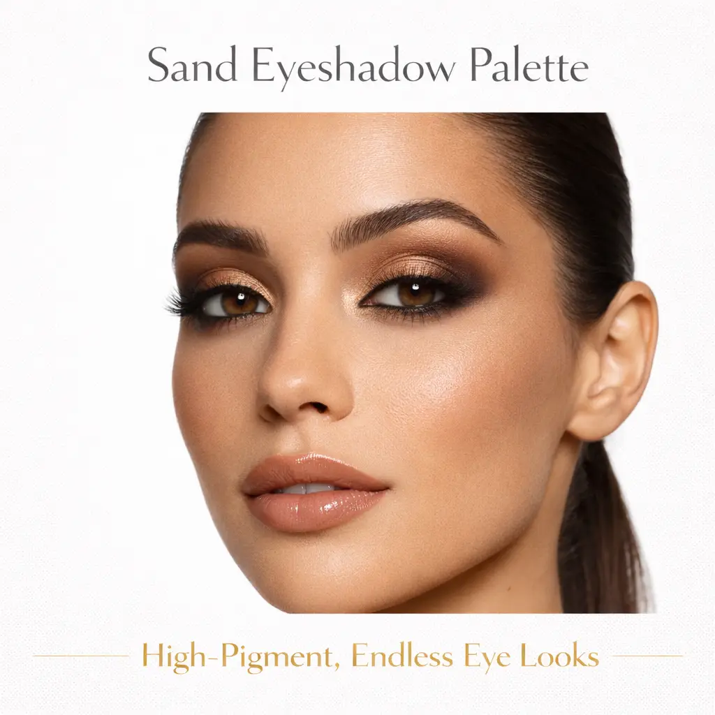 Tina Mattern Sand Eyeshadow Palette 2 Model wearing Sand Eyeshadow Palette neutral matte and shimmer shades on eyes