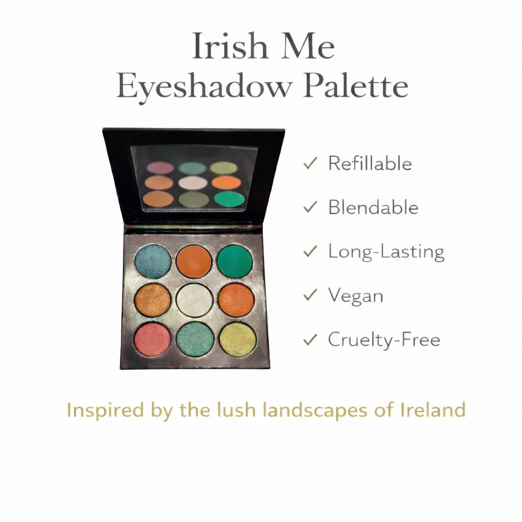 Tina Mattern Irish Me Eyeshadow Palette 3 Irish Me Eyeshadow Palette open refillable compact with nine green and earth-toned shades and benefit list showing refillable, blendable, long-lasting, vegan, and cruelty-free on white background