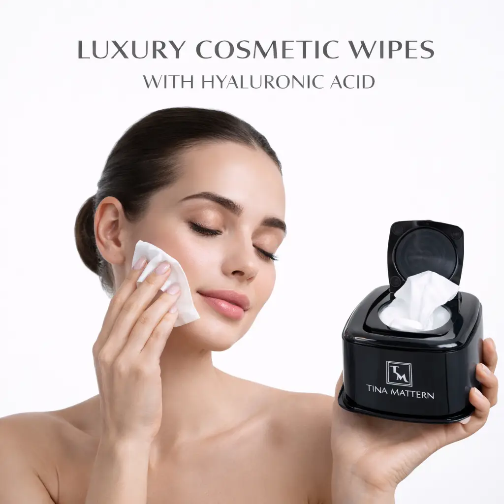 Tina Mattern Luxury Cosmetic Wipes With Hyaluronic Acid 1 Woman using Tina Mattern Luxury Cosmetic Wipe to cleanse face