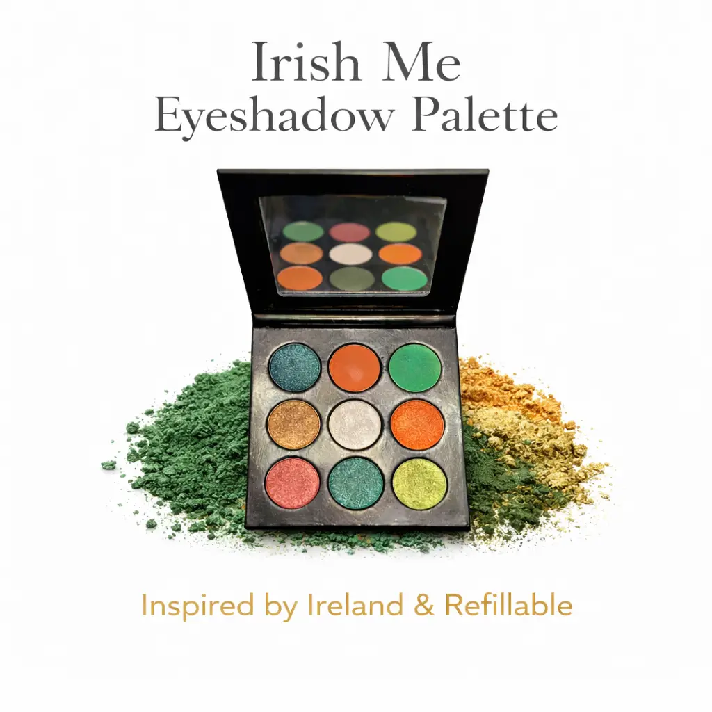 Tina Mattern Irish Me Eyeshadow Palette 1 Tina Mattern Irish Me Eyeshadow Palette open compact with nine vibrant green and earth-toned high-pigment refillable shades on white background