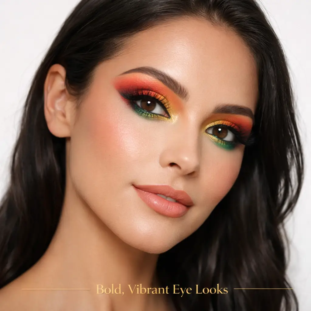Tina Mattern Tropical Heat Eyeshadow Palette 2 Model wearing Tropical Heat Eyeshadow Palette bold red, orange, green, and gold eye look