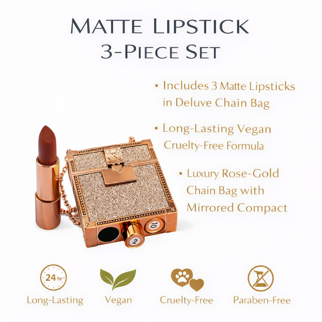 Tina Mattern Matte Lipstick 3-Piece Set with Luxury Chain Bag – Vegan & Long-Lasting 2 Tina Mattern Matte Lipstick 3-Piece Set benefits image featuring luxury chain bag and vegan long-lasting formula.