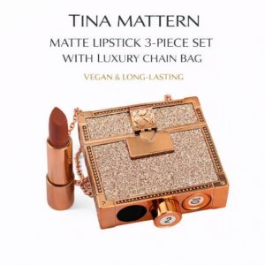 Tina Mattern Matte Lipstick 3-Piece Set with luxury chain bag on white background