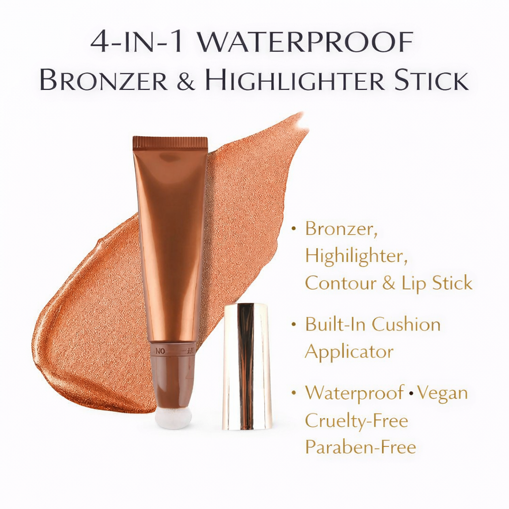 Tina Mattern Waterproof Bronzer & Highlighter Stick – Cream Contour with Cushion Applicator 2 4-in-1 bronzer, highlighter, contour & lip stick Built-in cushion applicator for precise application Waterproof, vegan, cruelty-free, and paraben-free