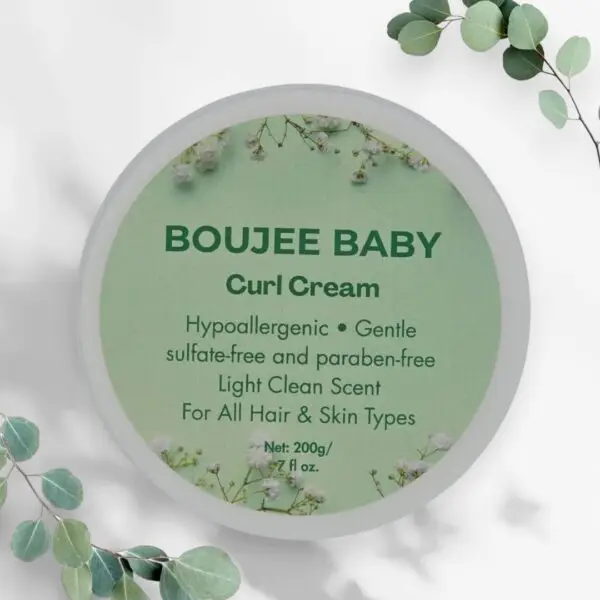 Boujee Baby Hypoallergenic Curl Cream – gentle formula that defines curls, tames frizz, and leaves baby’s hair soft with a light clean scent. Ideal for delicate hair.