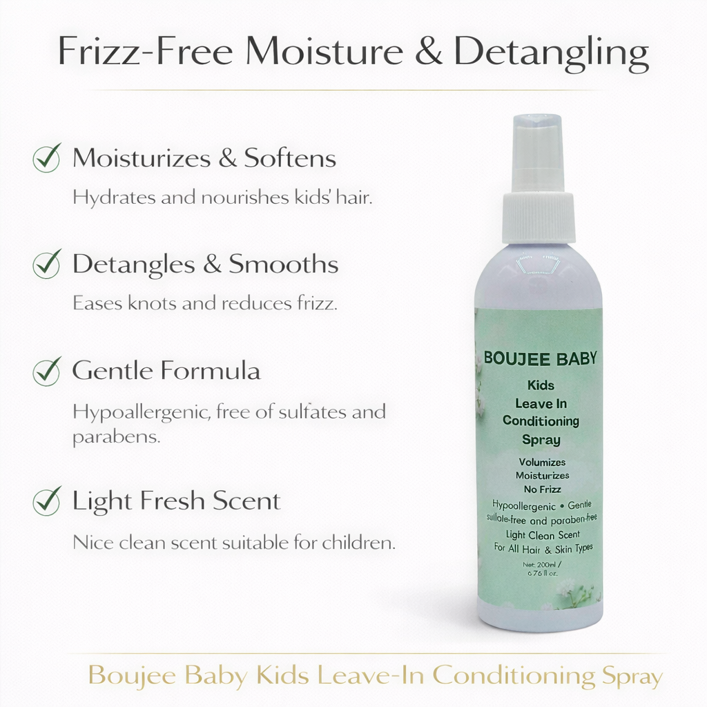 Boujee Baby Hypoallergenic Leave-In Conditioning Spray – Volumizes, Moisturizes & Detangles 2 Boujee Baby Kids Leave-In Conditioning Spray benefits image showing moisturizing, detangling, gentle formula, and light fresh scent.