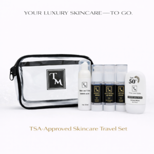 Tina Mattern TSA approved skincare travel set with cleanser serums sunscreen and waterproof bag