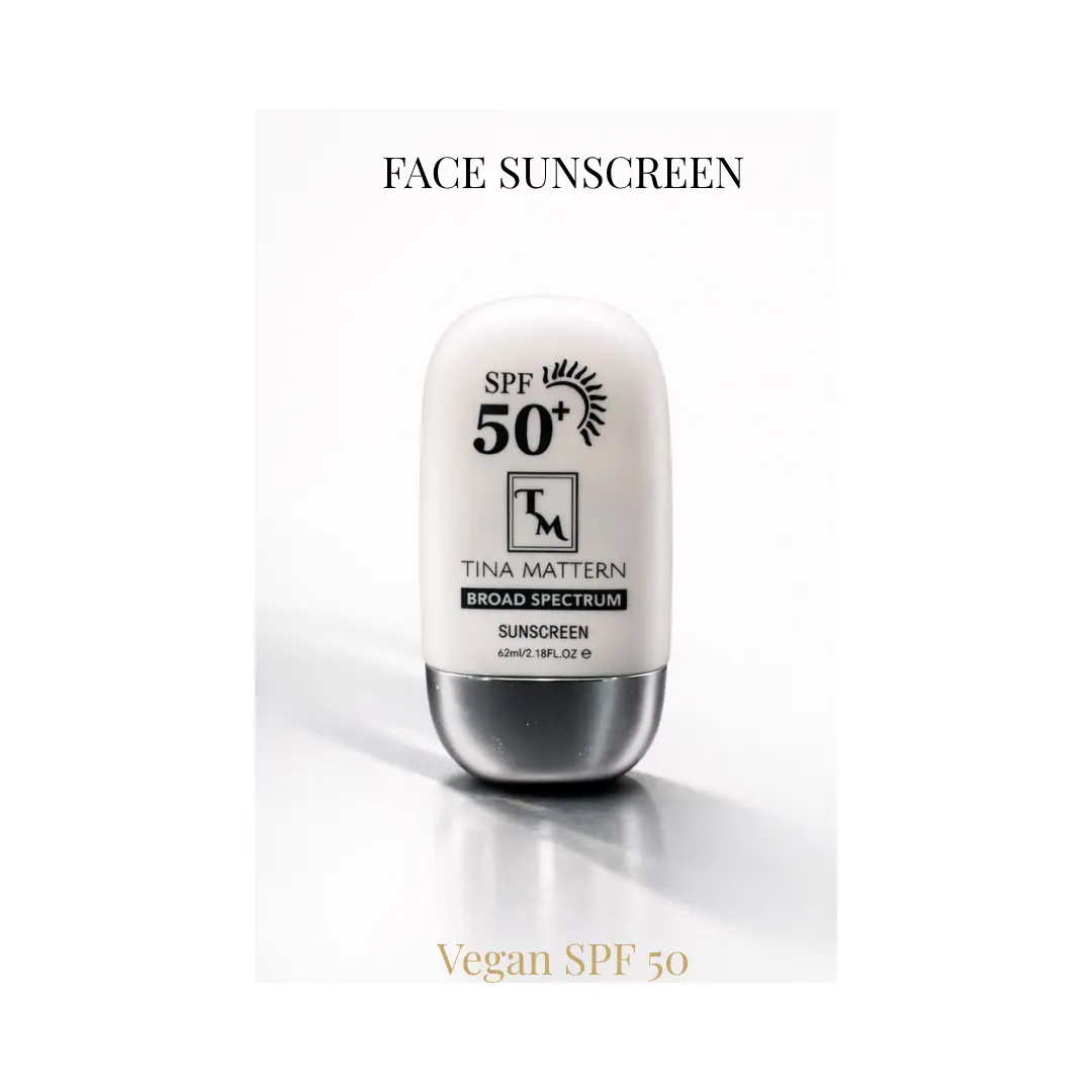Tina Mattern Skincare Travel Set - TSA-Approved 5 Tina Mattern Vegan SPF 50 Face Sunscreen in a sleek white bottle with broad spectrum sun protection on a clean white background.
