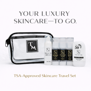 Tina Mattern TSA-Approved Skincare Travel Set with Amino Acid Cleanser, Vitamin C Serum, Hyaluronic Acid Serum, Retinol Serum, and SPF 50 Mineral Sunscreen in travel bag