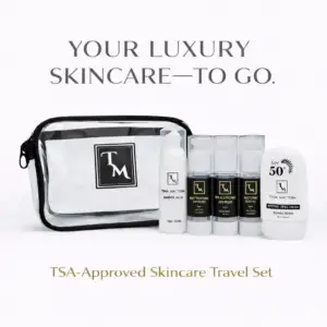 Tina Mattern Skincare Travel Set - TSA Approved. Includes, Amino Acid Cleanser, Vitamin C Serum, Hyaluronic Acid Serum, Retinol Serum, and SPF 50 Mineral Sunscreen in travel bag