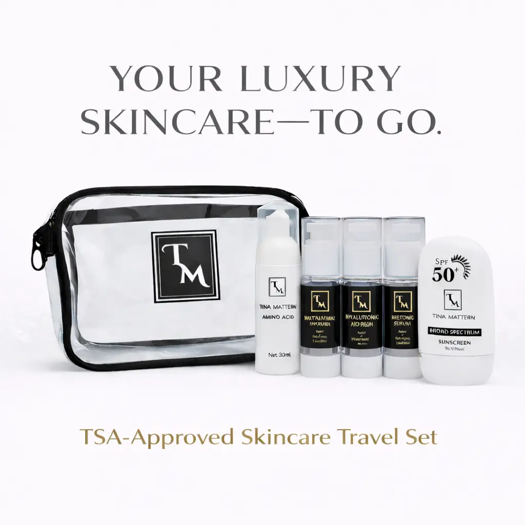 Tina Mattern Skincare Travel Set - TSA-Approved 1 Tina Mattern Skincare Travel Set - TSA Approved. Includes, Amino Acid Cleanser, Vitamin C Serum, Hyaluronic Acid Serum, Retinol Serum, and SPF 50 Mineral Sunscreen in travel bag
