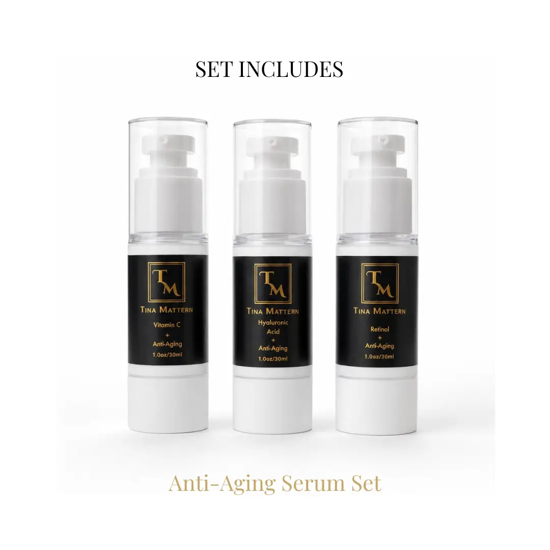 Tina Mattern Skincare Travel Set - TSA-Approved 4 Tina Mattern Anti-Aging Serum Set featuring travel-size Vitamin C, Hyaluronic Acid, and Retinol serums in 30ml airless pump bottles.