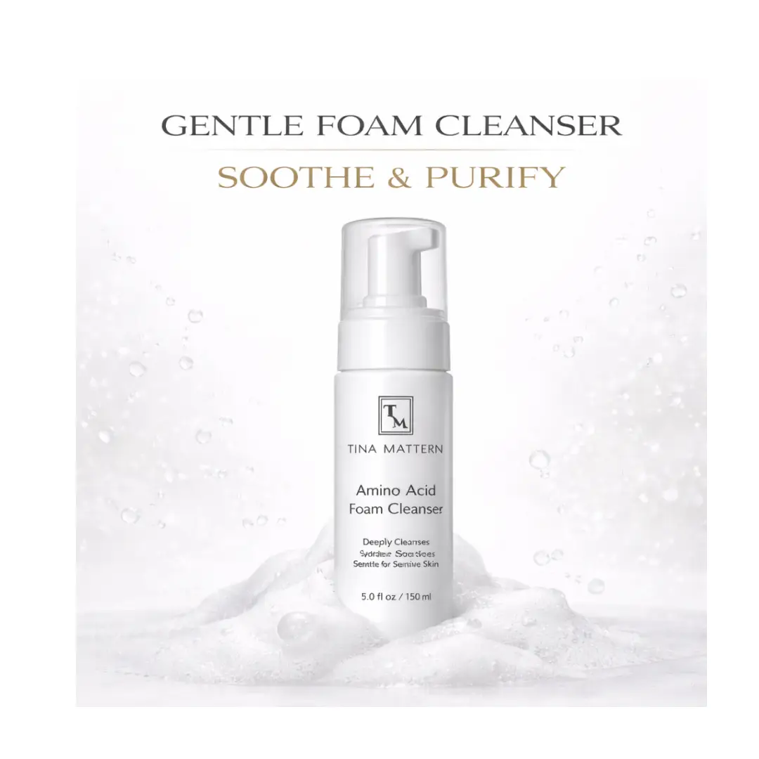 Tina Mattern Skincare Travel Set - TSA-Approved 3 Tina Mattern Travel Size Amino Acid Foam Cleanser in a white bottle surrounded by cleansing foam with the text Gentle Foam Cleanser and Soothe & Purify.