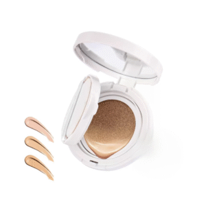 Open compact of Tina Mattern BB Cushion Cream Foundation in white case with sponge applicator, shown with three matte finish shades.
