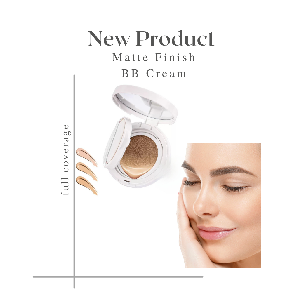 Tina Mattern Matte Finish BB Cream compact with applicator and foundation swatches beside a woman with smooth, radiant skin — full-coverage, natural-looking makeup.