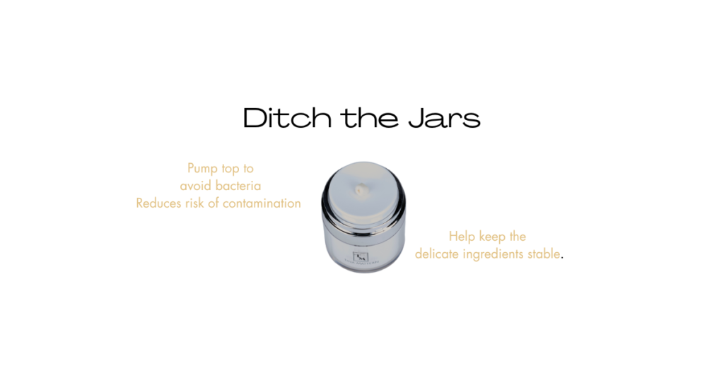 Skincare packaging education graphic showing pump-top cosmetic container with text about avoiding bacteria and contamination.