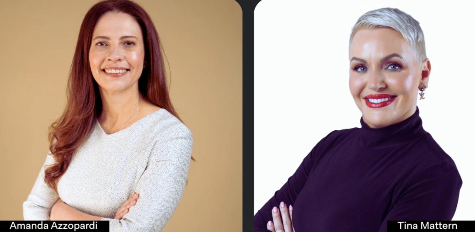 Podcast guest announcement image featuring two professional women in side-by-side portrait layout with name labels.