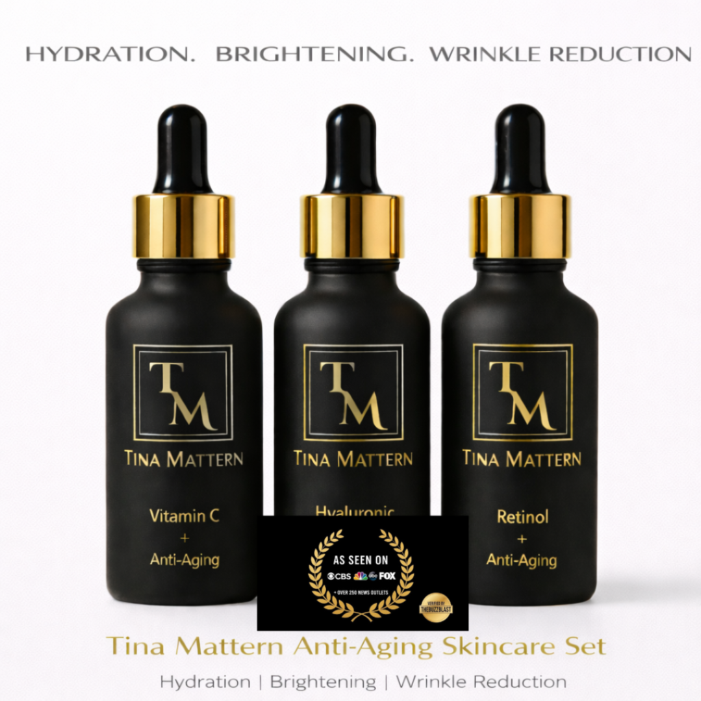Tina Mattern Anti-Aging Skincare Set with Vitamin C, Hyaluronic Acid, and Retinol serums displayed in black and gold bottles with As Seen On TV badge