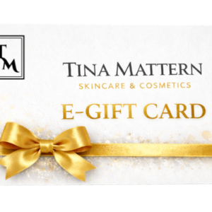 Tina Mattern Skincare and Cosmetics E-Gift Card with TM logo on white background and gold ribbon