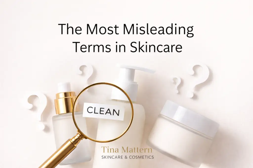 Skincare products with a magnifying glass highlighting the word clean, representing misleading skincare terms for Tina Mattern Skincare blog.