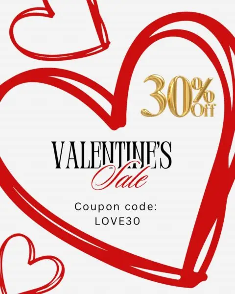 Valentine’s Sale graphic with red hearts, 30% off, and coupon code LOVE30