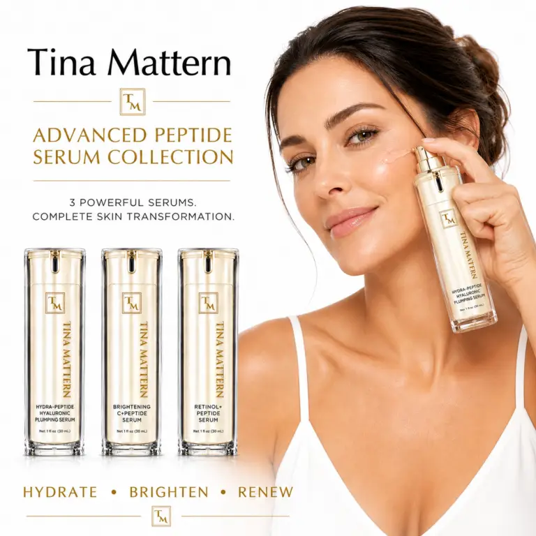 Woman applying Tina Mattern Advanced Peptide Serum Collection featuring Hydra-Peptide, Brightening C+ Peptide, and Retinol Renewal Peptide Serums
