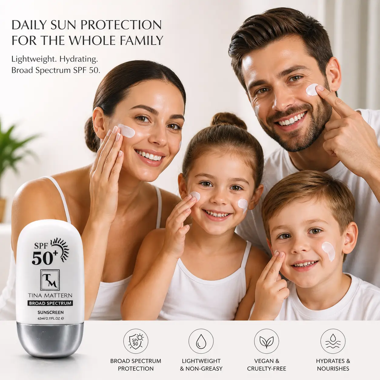 Tina Mattern Sunscreen SPF 50 – Broad Spectrum, Vegan, Lightweight Protection 3 Tina Mattern SPF 50 sunscreen family applying sunscreen on face lightweight broad spectrum protection for all skin types