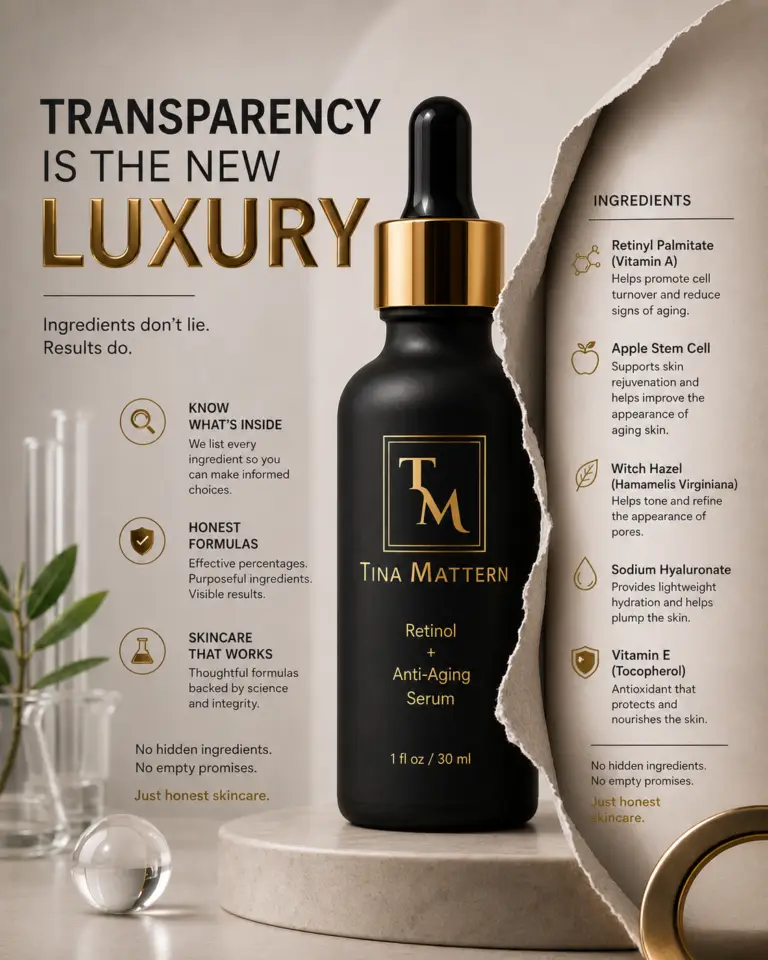 Tina Mattern Retinol Anti-Aging Serum transparency campaign featuring a black and gold serum bottle with ingredient list and luxury skincare branding.