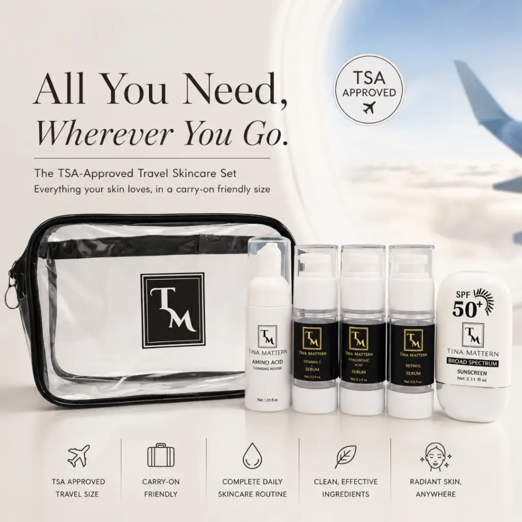 Tina Mattern TSA-Approved Travel Skincare Set with cleanser, Vitamin C serum, Hyaluronic Acid serum, Retinol serum, SPF 50 sunscreen, and clear travel bag in a luxury travel-themed promotional graphic.