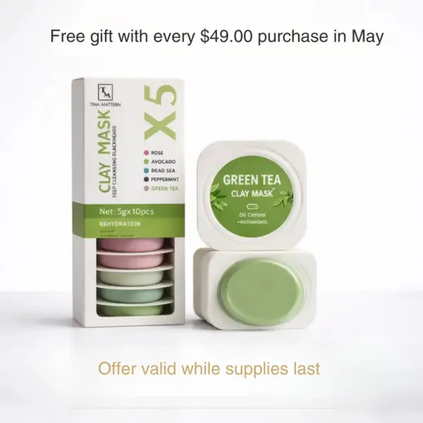 Tina Mattern X5 Clay Mask gift set promotion featuring five mini clay masks for different skin needs with green tea, rose, avocado, dead sea, and peppermint formulas. Free gift with every $49 purchase in May.