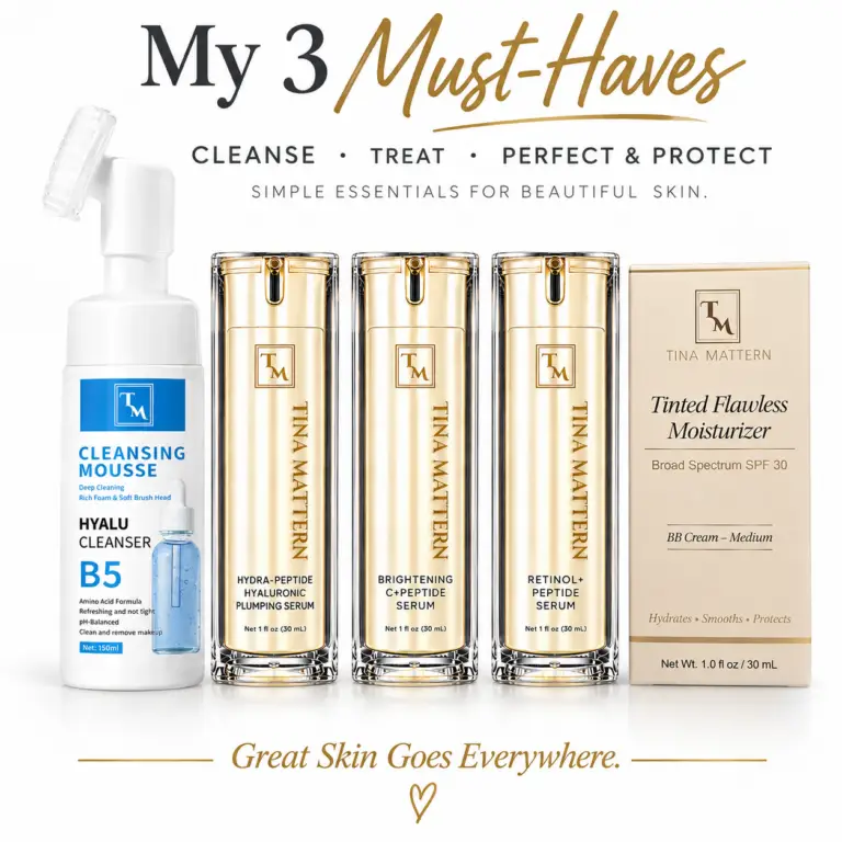 Tina Mattern skincare must-haves featuring Hyalu Cleanser B5, proprietary peptide serums, and Tinted Flawless Moisturizer SPF 30