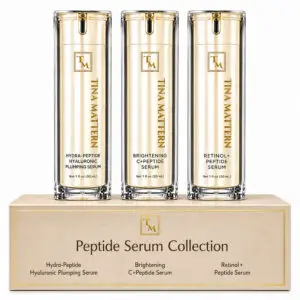 Tina Mattern Peptide Serum Collection with three full-size bottles of Hydra-Peptide Hyaluronic, Brightening C+ Peptide, and Retinol Peptide Serum.