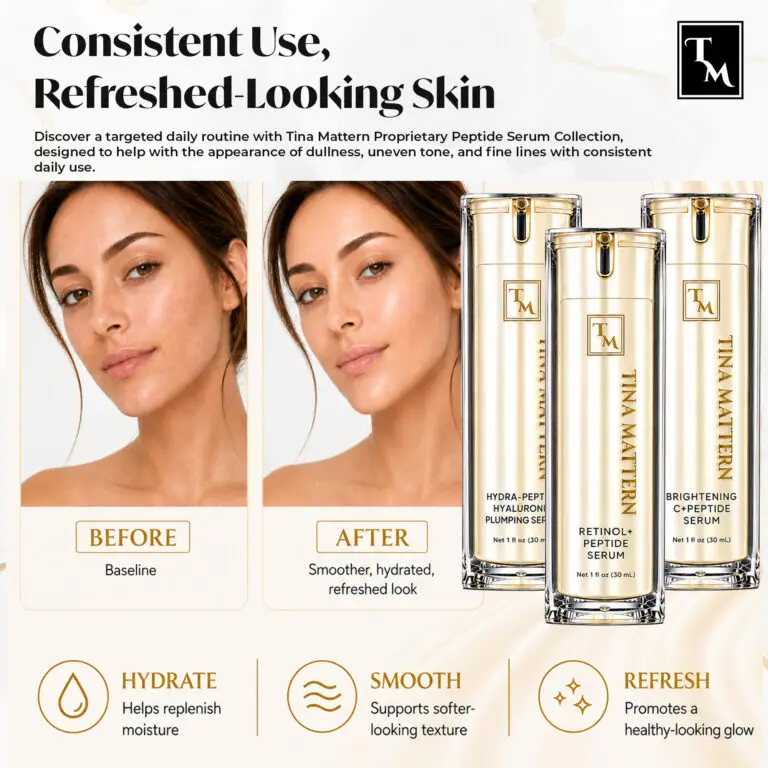 Before-and-after comparison featuring Tina Mattern Hydra-Peptide, Retinol Peptide, and Brightening C+ Peptide Serums for hydrated, smoother, refreshed-looking skin.